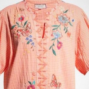 Johnny Was Olinda Butterfly Embroidered Puff Sleeve Blouse